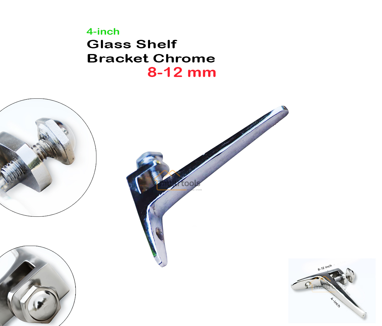 Glass Shelf Bracket Chrome 8-12mm (4 Inch)